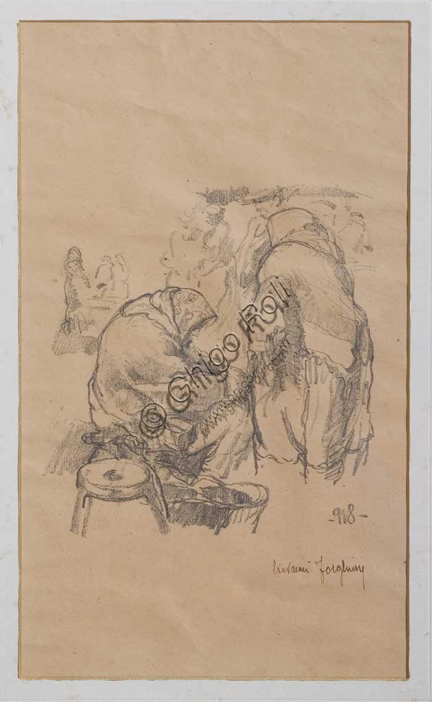 Collezione Assicoop - Unipol: GIOVANNI FORGHIERI (1898-1944): "Donne al mercato", litografia, 1918.