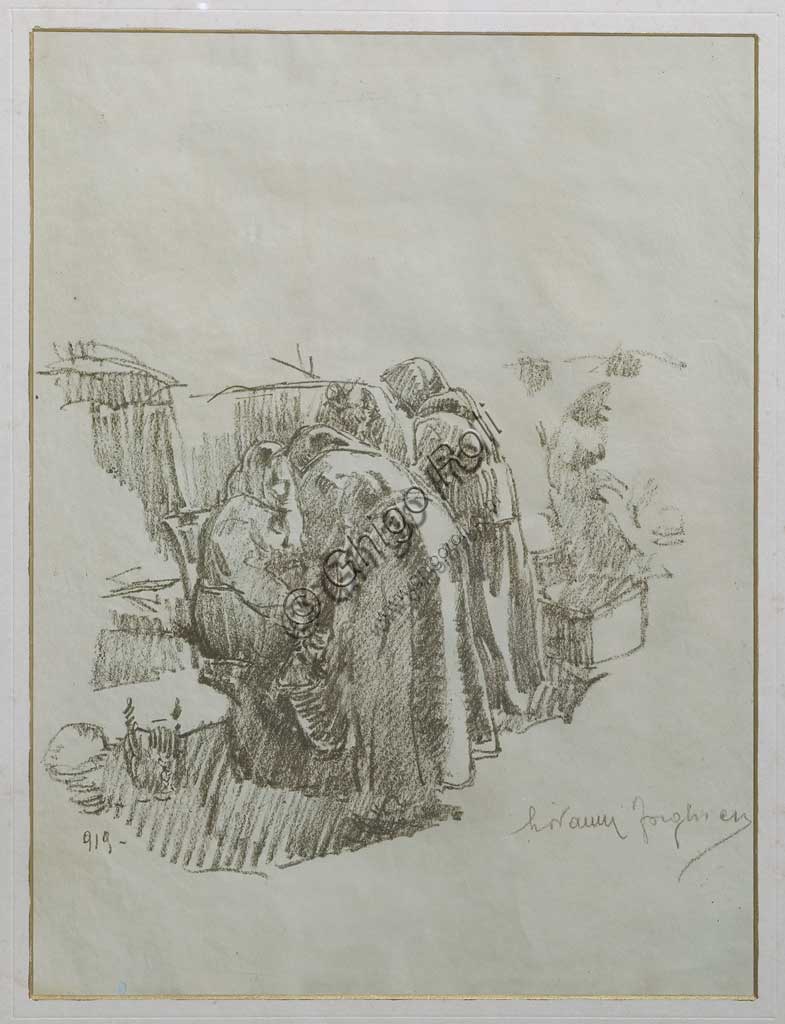 Collezione Assicoop - Unipol: GIOVANNI FORGHIERI (1898-1944): "Donne al mercato", litografia, 1919.