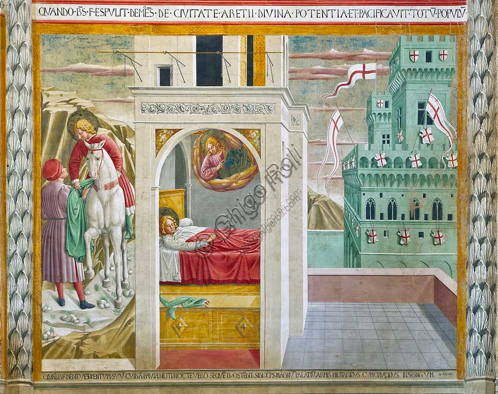Montefalco, Museum of St. Francis, Church of St. Francis: the central apse with frescoes on the life of St. Francis, by Benozzo Gozzoli, 1450. Detail of the gift of the cloak to a poor man and Jesus in a dream showing Saint Francis a palace adorned with shields and crusader flags.