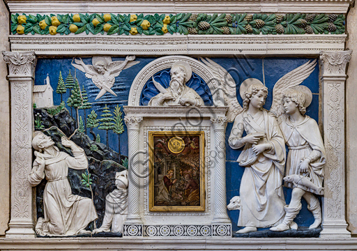 Basilica of the Holy Cross: ""Dossal of an altar with central ciborium", which represents, from the left, St. Francis, St. Bartholomew, the Archangel Raphael  and Tobiolo. Below there is an inscription,  by Andrea Della Robbia, about 1475, bas-relief polychrome glazed terracotta.