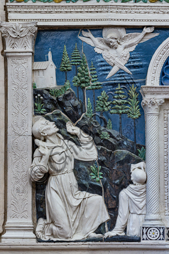 Basilica of the Holy Cross: ""Dossal of an altar with central ciborium". Detail of St. Francis and St. Bartholomew,  by Andrea Della Robbia, about 1475, bas-relief polychrome glazed terracotta.