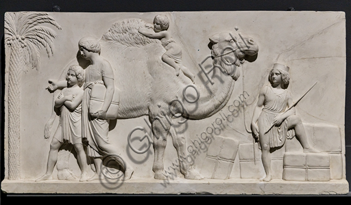  ""The entry of Alexander the Great into Babylon", a frieze executed between 1818 and 1828 by Bertel Thorvaldsen (1770 - 1844) in Carrara marble.  It is conceived as the meeting between two processions that converge towards the center, that is, towards the figure of Alexander the Great who advances on the chariot led by Victory, followed by his famous steed Bucefalo and his soldiers loaded with booty. In front of the leader, the allegorical figure of Peace, recognizable by the olive branch, precedes the people and the rulers of Babylon, who offer their gifts (horses, lions, panthers ...) to the winner, while dancers scatter flowers in his honor.Detail with dromedary, palm tree and young boys.