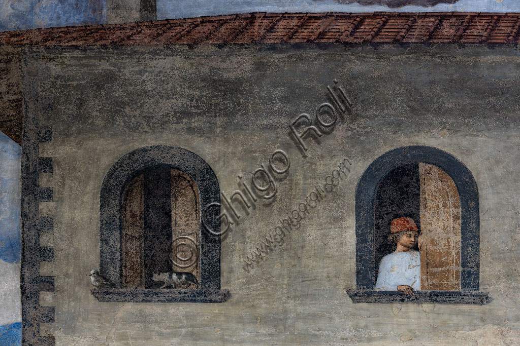 “Miracle of the Sacrament”, fresco by Cosimo Rosselli (1484- 1488): detail of two windows tin a cat pointing at a bird a a man looking out.Florence, Church of St. Ambrose, chapel of the Miracle of the Sacrament.