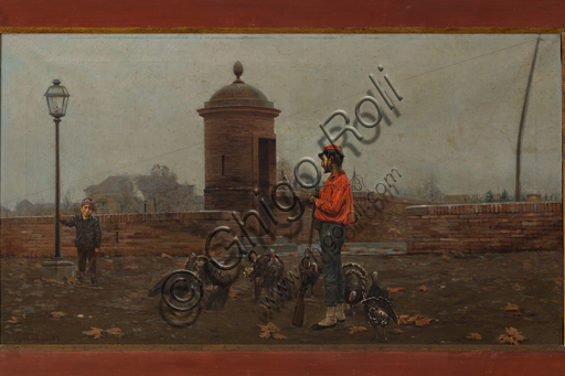 Umberto Ruini (1869 - 1955): "I due guardiani"; olio su tela cm. 160 X 90.