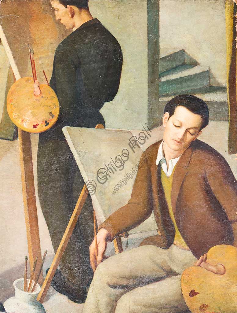 Collezione Assicoop - Unipol: Leo Masinelli (1902-1983), "I Due Pittori". Olio su compensato, cm. 90x125.