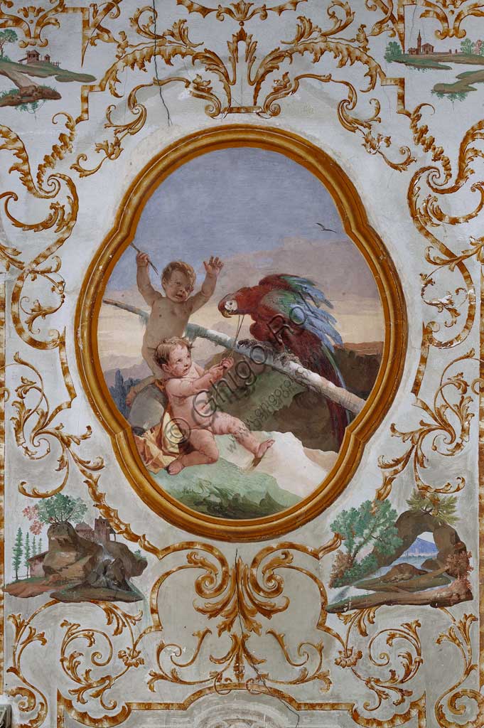 Vicenza, Villa Valmarana ai Nani, Guest Lodgings, the Room of the Putti, medallion with putti: "Two putti and a parrot". Frescoes by Giandomenico Tiepolo, 1757.