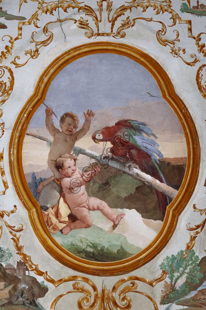 Vicenza, Villa Valmarana ai Nani, Guest Lodgings, the Room of the Putti, medallion with putti: "Two putti and a parrot". Frescoes by Giandomenico Tiepolo, 1757.