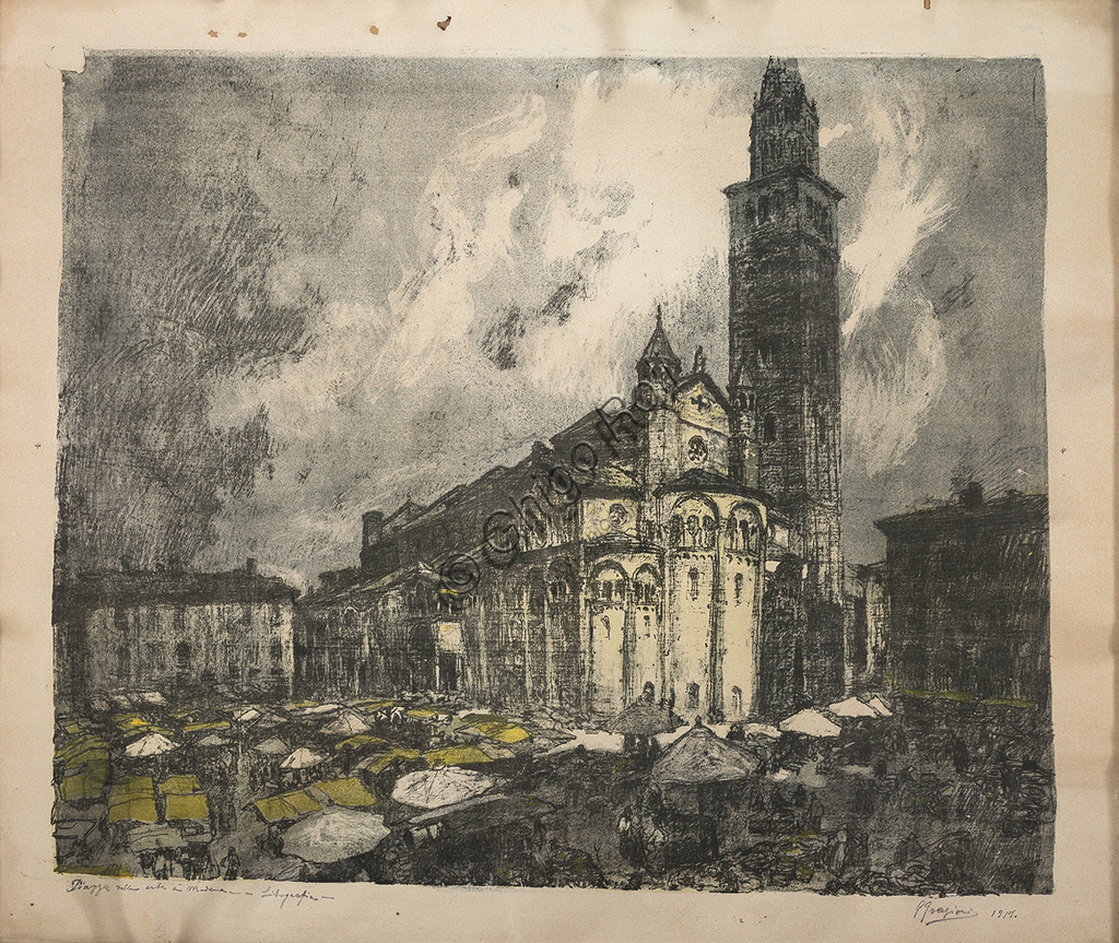 Collezione Assicoop - Unipol: Giuseppe Graziosi (1879 - 1942): "Duomo di Modena". Litografia acquerellata, cm 63 x 80.