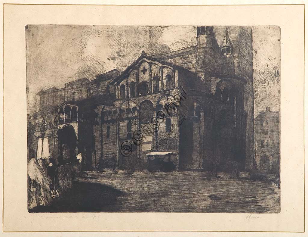 Collezione Assicoop - Unipol: Giuseppe Graziosi (1879-1942), "Il Duomo di Modena", acquaforte e acquatinta su carta, lastra.