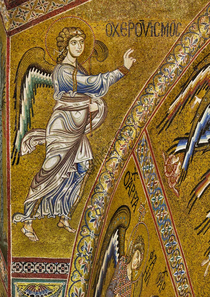  Monreale Cathedral, apse: Announcing Angel,  Byzantine mosaic with a golden background in the tympanum of the apse.  The mosaics of the Cathedral were made between the twelfth and mid-thirteenth century by partly local and partly Venetian workers, trained at the Byzantine school.