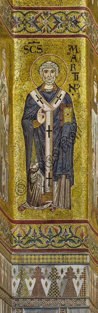  Monreale Cathedral, apse: Saint Martin, byzantine school mosaic with a golden background. The mosaics of the Cathedral were made between the twelfth and mid-thirteenth century by partly local and partly Venetian workers, trained at the Byzantine school.