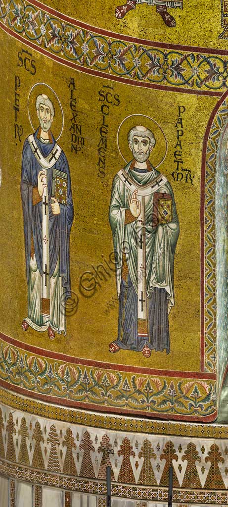  Monreale Cathedral, apse: St Peter I of Alexandria and Pope Clement I, byzantine school mosaic with a golden background. The mosaics of the Cathedral were made between the twelfth and mid-thirteenth century by partly local and partly Venetian workers, trained at the Byzantine school.