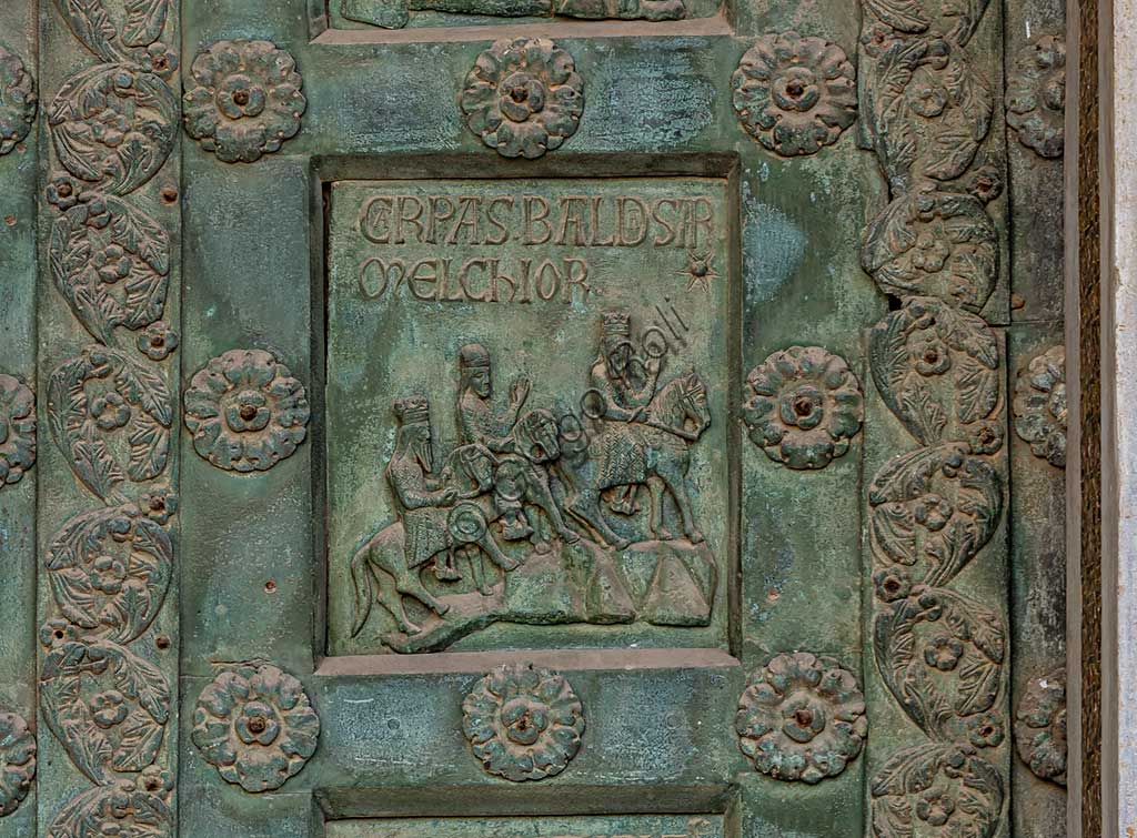  Monreale Cathedral, the gate by Bonanno Pisano (1185-6): bronze tile depicting "The Cavalcade of Magi: Caspar, Melchior and Balthasar" (scene of the New Testament).The gate is signed "Bonanno civis pisanus". It depicts five scenes of the Old Testament at the bottom, starting with Adam and Eve, and five scenes of the New Testament at the top, ending in "Christ and Mary in the glory of Paradise".