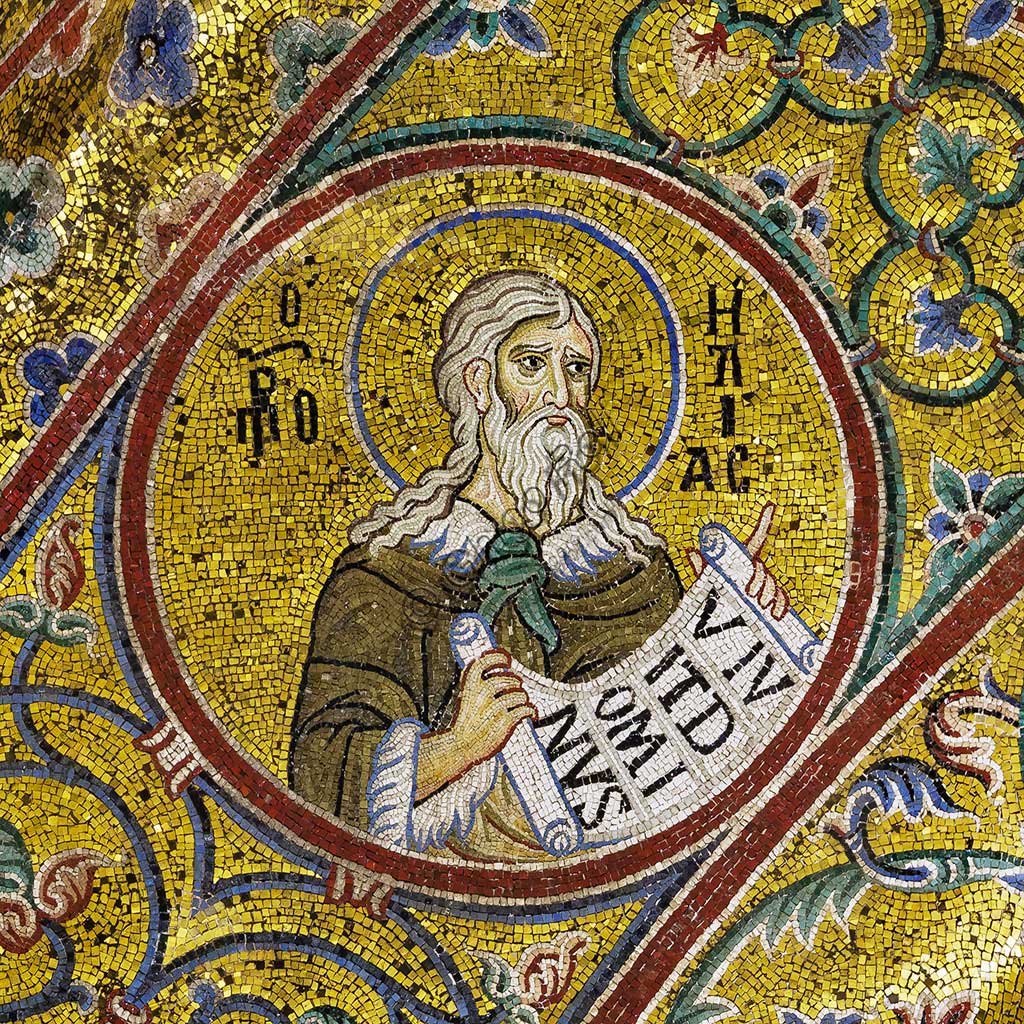  Monreale Cathedral, apsidal arch: Prophet Elijah, byzantine school mosaic with a golden background. The mosaics of the Cathedral were made between the twelfth and mid-thirteenth century by partly local and partly Venetian workers, trained at the Byzantine school.