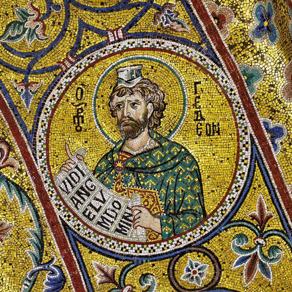 Duomo di Monreale, sottarco absidale: Profeta Gedeone, mosaico di scuola bizantina su fondo oro. I mosaici del Duomo vennero eseguiti tra il XII e la metà del XIII secolo da maestranze in parte locali e in parte veneziane, formatesi alla scuola bizantina.