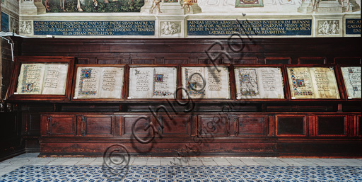  Duomo  (Cathedral), Piccolomini Library: wooden bench on the north-east wall for the choir books by Neri Barili; 1495-97, altered in the XVIII and XIX centuries.