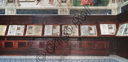  Duomo  (Cathedral), Piccolomini Library: wooden bench on the north-east wall for the choir books by Neri Barili; 1495-97, altered in the XVIII and XIX centuries.