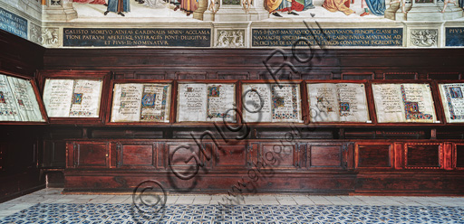  Duomo  (Cathedral), Piccolomini Library: wooden bench on the south-west wall for the choir books by Neri Barili; 1495-97, altered in the XVIII and XIX centuries.