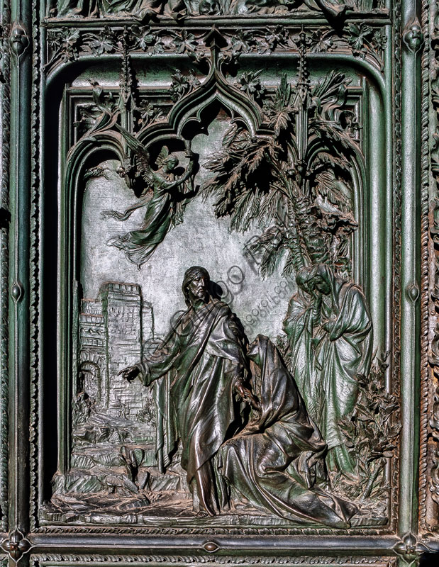  Cathedral, main portal: bronze panel by L. Pogliaghi, 1894-1908, depicting one scene of the life of the Virgin.