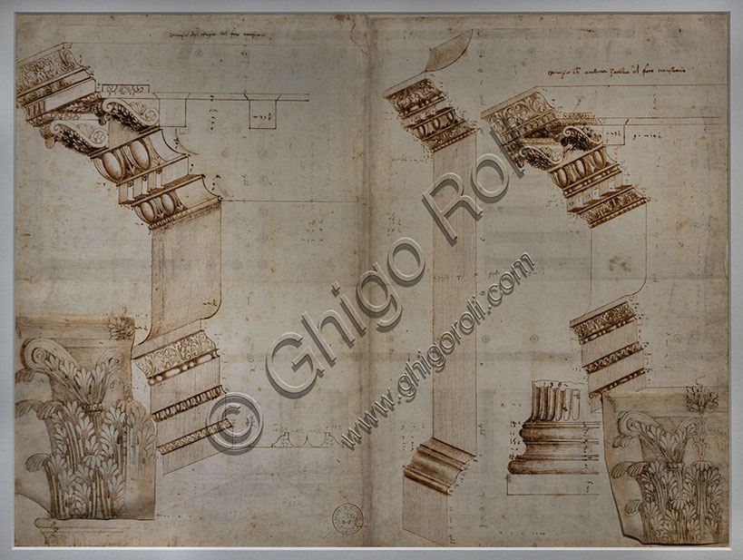 “Elements of the temple of Minerva and the Forum of Nerva in Rome, with variants of the Corinthian capital”, 1540s; by Andrea Palladio; ink, pen and brush.