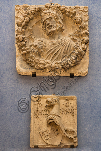  "Aeneas", follower of Niccolò dell'Arca, relief in marble, 15th century, and coat of arms.