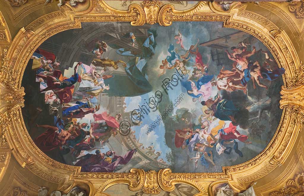 Torino, Palazzo Reale,Armeria Reale, Galleria del Beaumont, la volta, affreschi sulle storie dell'Eneide: "Enea visita Didone". Affresco di Claudio Francesco Beaumont, 1737 - 42.