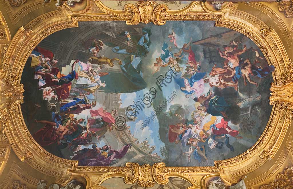 Turin, the Royal Palace, The Royal Armoury, the Beaumont Gallery, the vault, frescoes about the stories of the Aeneid: "Enea visits Dido". Fresco by Claudio Francesco Beaumont, 1737 - 42.