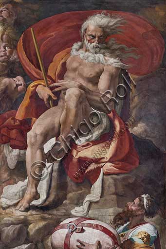 Affreschi di Pellegrino Tibaldi, 1550 -1551.Bologna, Palazzo Poggi, Sala di Polifemo, volta con episodi dell' Odissea: particolare con Eolo che dona a Ulisse il sacco contenente tutti i venti. Affreschi di Pellegrino Tibaldi, 1550 -1551.