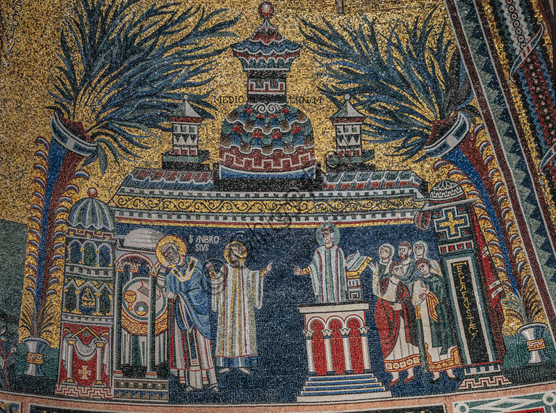 Basilica di S.Ambrogio, abside: mosaico, IV-VIII sec.  Particolare con episodio della vita di S.Ambrogio, 
