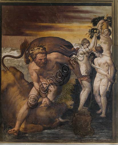  Parma, Soragna, Rocca Meli Lupi, Yellow Room: "Hercules killing the Cretan bull," detached fresco of the sixteenth century.