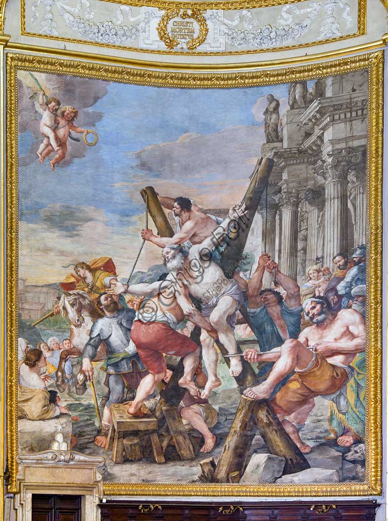 Basilica di S. Andrea della Valle, pareti del coro, affreschi con episodi della vita di S. Andrea: "Erezione della Croce". Affresco di Mattia Preti, 1650 - 51.