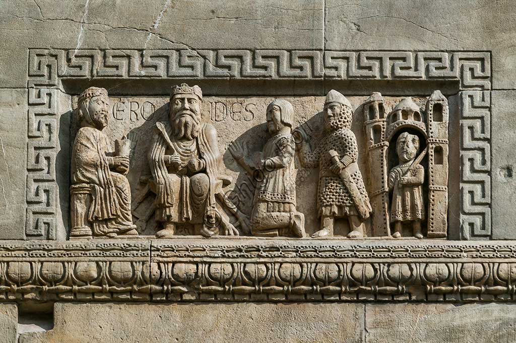 Fidenza, Duomo (St. Donnino Cathedral), Façade: the bas-relief with "King Herod enthroned". Work by Benedetto Antelami and his workshop.