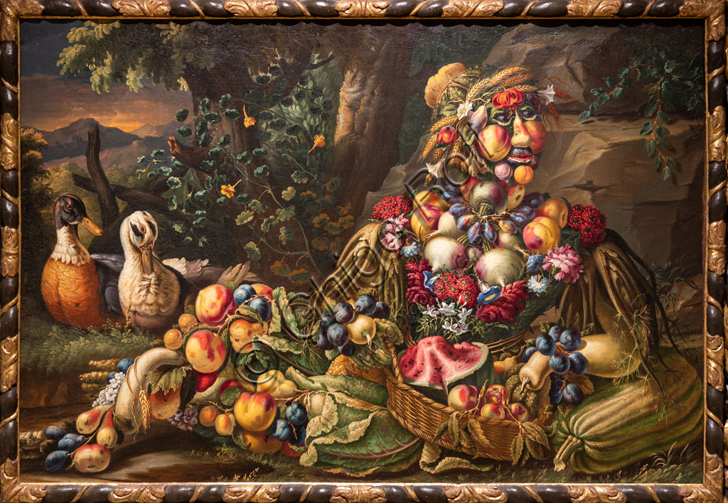 Brescia, Pinacoteca Tosio Martinengo: "Summer", oil on canvas by Antonio Rasio inspired by the Metamorphoses by Ovid. The fanciful composition of seasonal fruits and flowers is as seen in paintings by Arcimboldo.