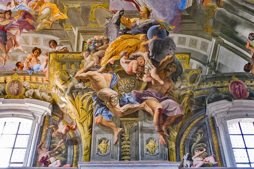 Rome, S. Ignazio Church, interior: detail of one of the pendentives of the vault of the nave with allegories of the continents: "Europe", fresco by Andrea Pozzo, 1685.