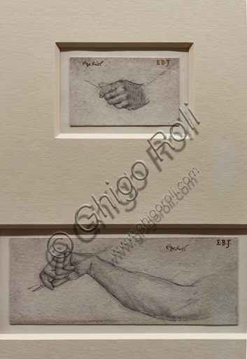 Studio di mano e braccio per "Ezechiele e la pentola che bolle" (1860)  di Edward Coley Burne Jones (1833 - 1895), grafite su carta.
