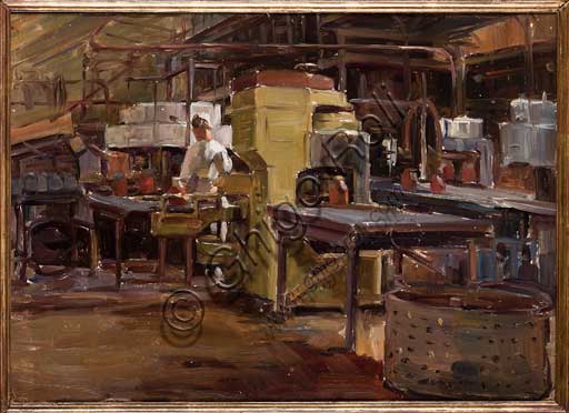 Assicoop - Unipol Collection: Arcangelo Salvarani (1882 - 1953), "Jam Factory". Oil painting on plywood.