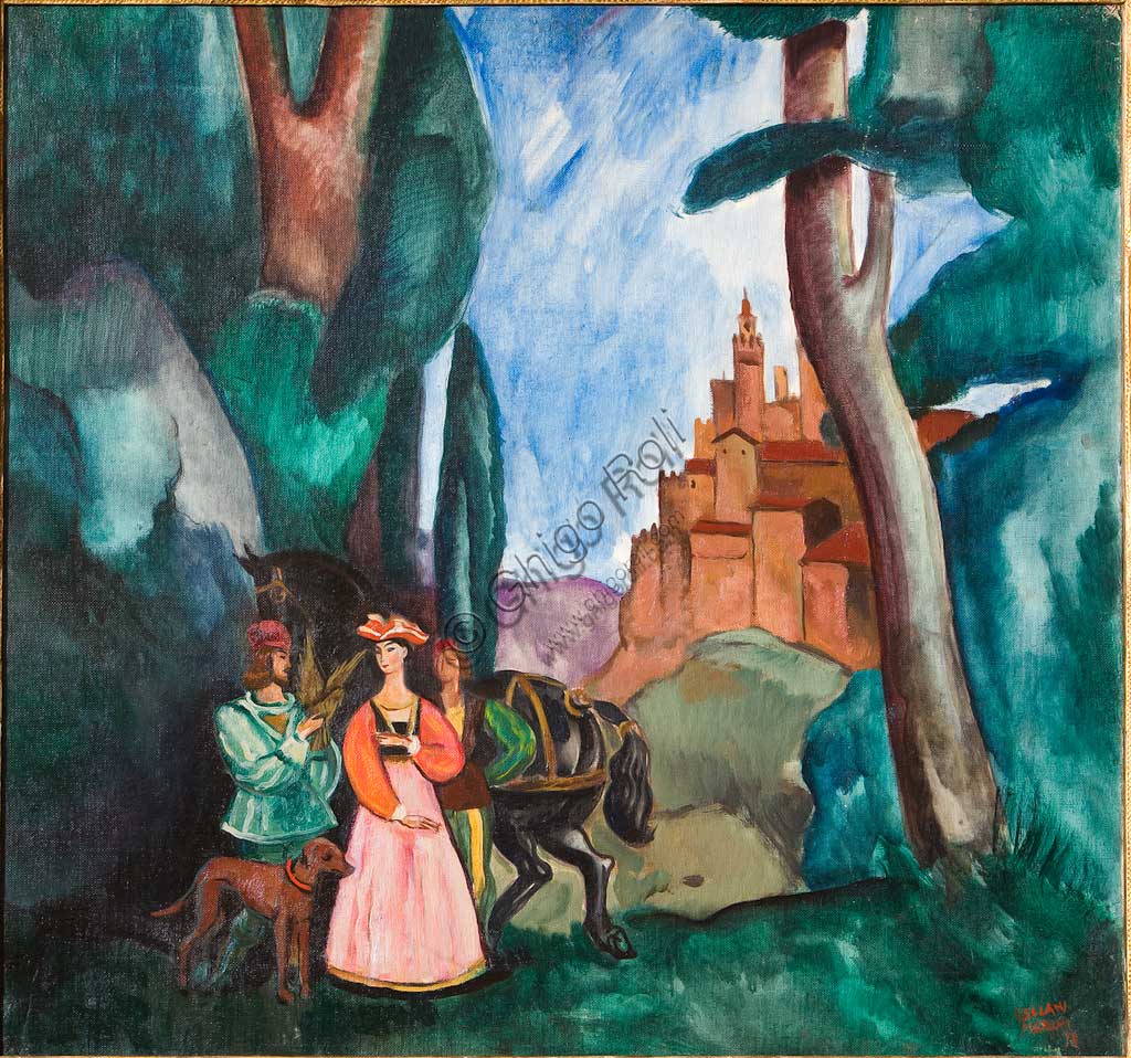 Collezione Assicoop - Unipol: Mario Vellani Marchi (1895-1979), "Falconiere con Dama in Paesaggio Medioevale". Olio su tela, cm. 92x100.