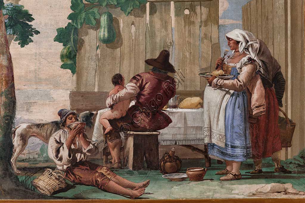 Vicenza, Villa Valmarana ai Nani, Foresteria, Stanza delle Scene Campestri: "La famiglia dei contadini a mensa" , affresco di Giandomenico Tiepolo, 1757. Particolare.