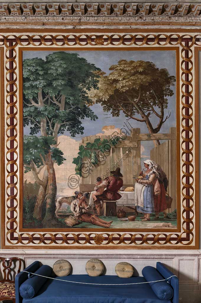 Vicenza, Villa Valmarana ai Nani, Guest Lodgings, Room of the Rural Scenes: "The Peasant's Family at Supper". Frescoes by Giandomenico Tiepolo, 1757.