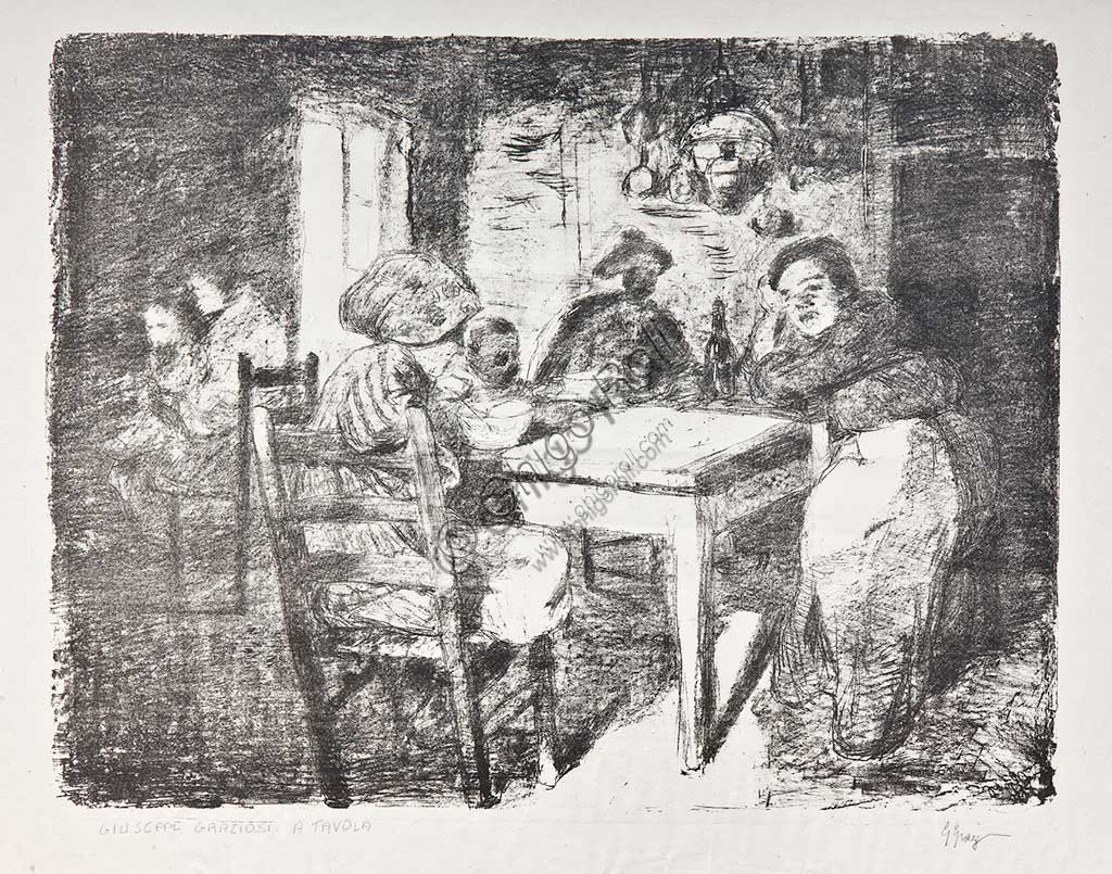 Assicoop - Unipol Collection:  Giuseppe Graziosi  (1879-1942), "A Family in the Kitchen", lithograph.