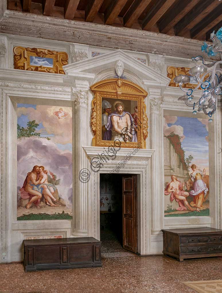 Fanzolo, Villa Emo: view of the room with Jupiter and Io, Ecce Homo, Spring and Autum. Frescoes by Giovanni Battista Zelotti, about 1565.