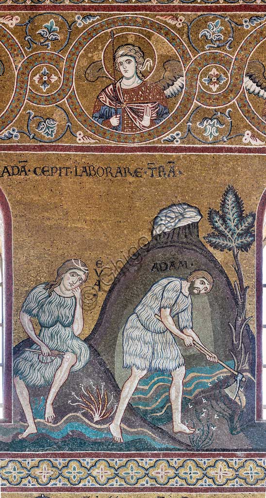 Monreale, Duomo: "Le fatiche e il lavoro di Adamo ed Eva", mosaico bizantino, Ciclo del Vecchio Testamento - Paradiso Terrestre, XII - XIII sec.Iscrizione latina:  "ADAM CEPIT LABORARE TERRAM".