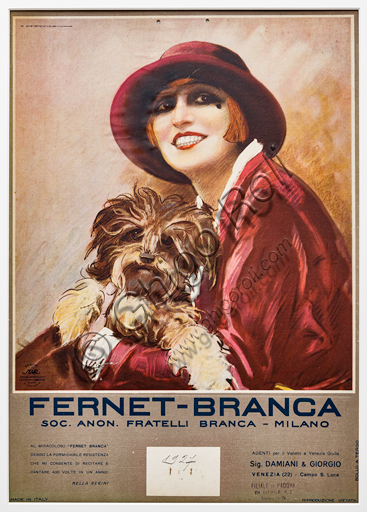 “Fernet Branca. Nella Regini con un cagnolino in braccio”, illustrazione di Marcello Dudovich, 1926, cromolitografia su carta.