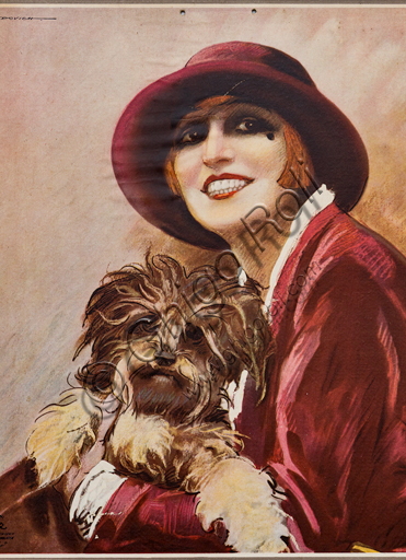 “Fernet Branca. Nella Regini with a dog in her arms”, Illustration by Marcello Dudovich, 1926, chromolithography on paper. Detail.