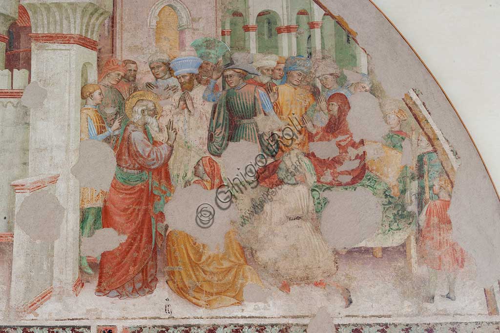 Ferrara, Pinacoteca Nazionale: fresco detached from the Church of San Domenico on the subject of the Stories of St. John the evangelist, by Maestro G.Z. (Michele dai Carri?), 15th century. Detail.
