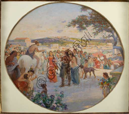 Assicoop - Unipol Collection: Achille Boschi (1852 - 1930), "Spring Celebration in Ancient Rome". Oil paiting on canvas glued on cardboard.