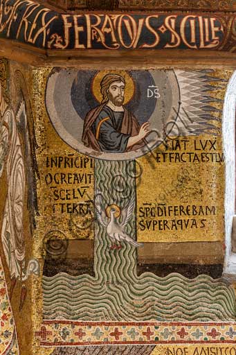 Palermo, The Royal Palace or Palazzo dei Normanni (Palace of the Normans), The Palatine Chapel (Basilica), cycle of mosaics on the Old Testament, cycle of the Creation: "Fiat Lux. God creates the Light and divides the Waters.", XII century.