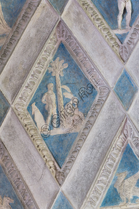  Mantua, Palazzo Te (Gonzaga's summer residence), Camera del Sole e della Luna (Chamber of the Sun and the Moon), the vault:  detail with plaster figure inside a lozenge.