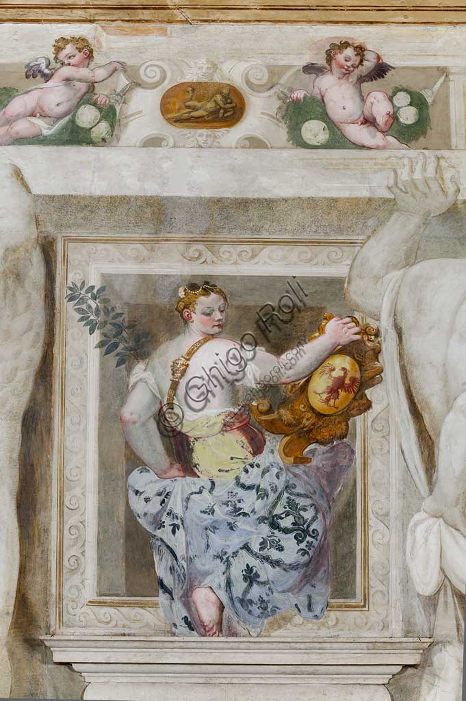 Caldogno, Villa Caldogno, main hall:  detail of a female figure holding the heraldic coat of arms of the Caldogno family. Fresco by Giovanni Antonio Fasolo, about 1570. Detail.