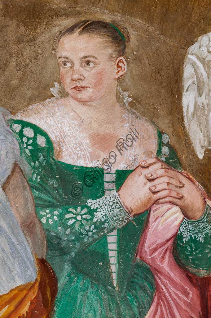 Thiene, Villa Porto Colleoni (conosciuta anche come Castello di Thiene), Camerone: "La clemenza di Scipione, affreschi di Giovanni Antonio Fasolo (ca. 1560-1565). Particolare con figura femminile.